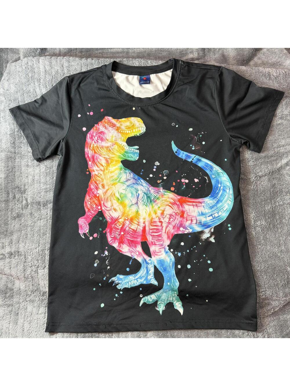Kids L All Over Print Colorful Dinosaur T-Shirt Space Galaxy Black Youth - USED